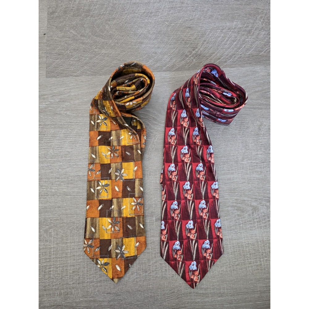 ERMENEGILDO ZEGNA Ties Italy Lot Of‎ 2 Silk Ties Flowers Gold Burgundy Blue